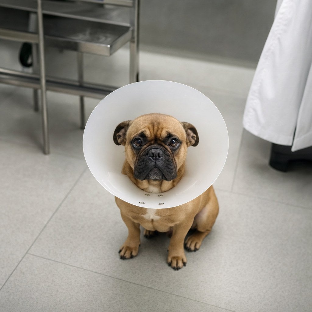 A French Bulldog waiting at the vet