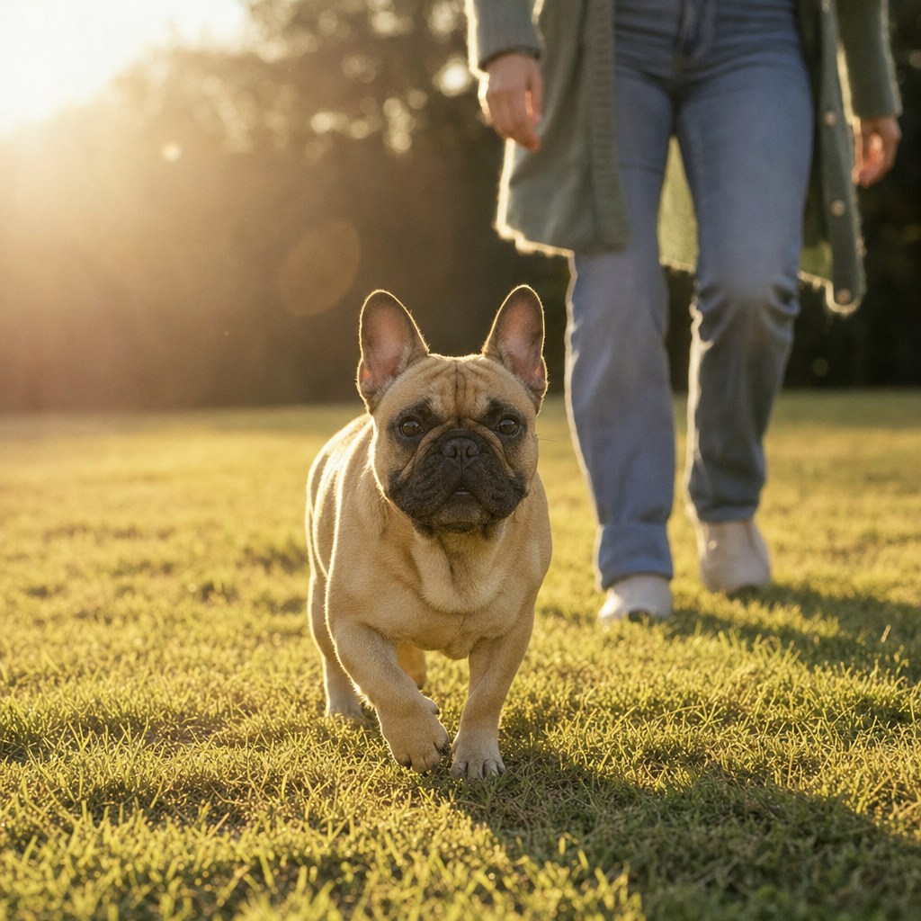 A French Bulldog moving easily on a walk with his owner