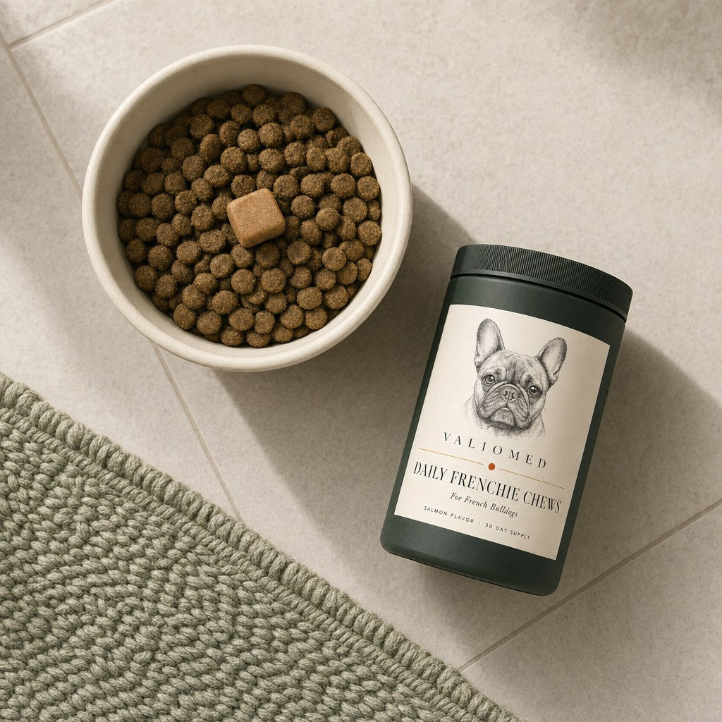 A French Bulldog's bowl with the day's single chew on top of his food