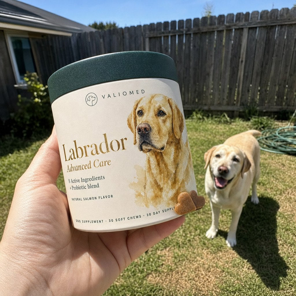 A Labrador in the garden with the ValioMed tub