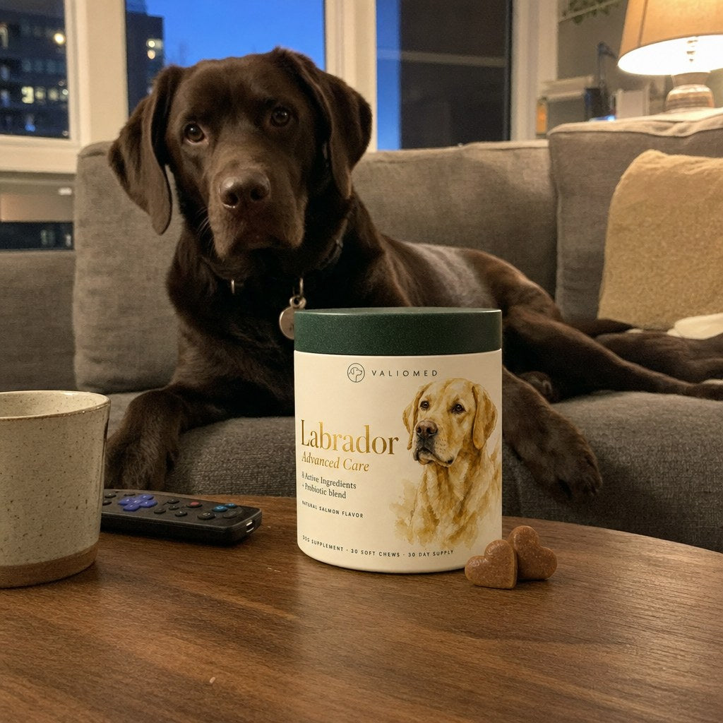 A chocolate Labrador on the sofa beside the tub