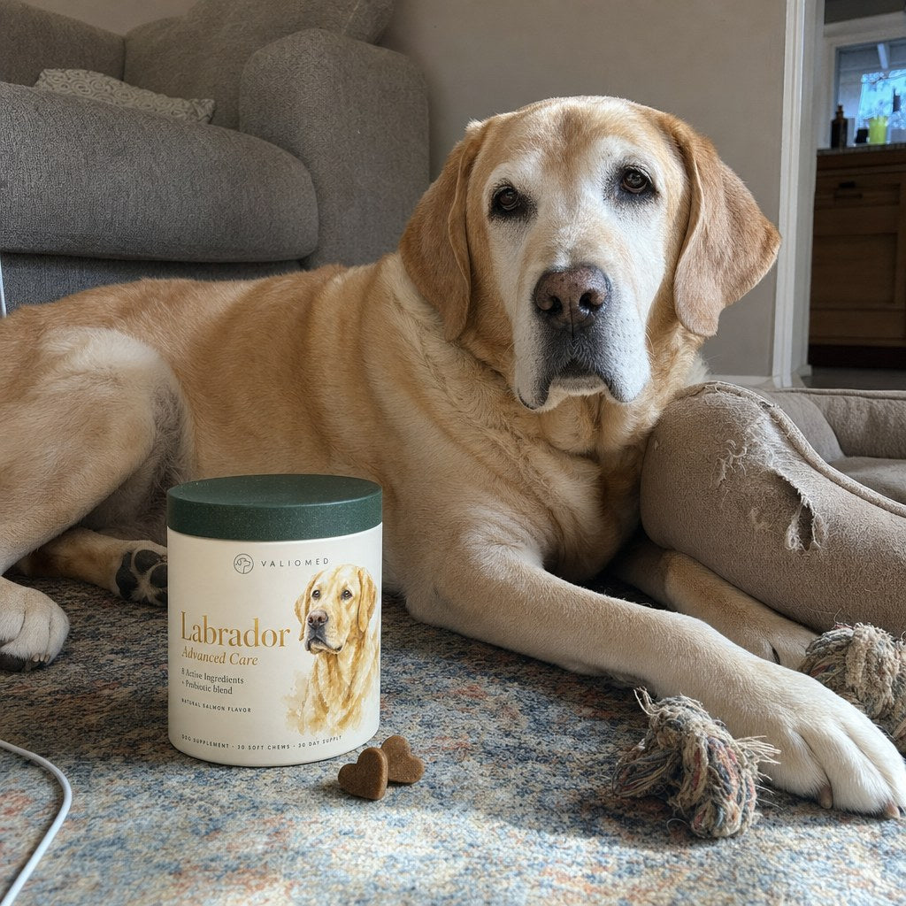 An older Labrador with a white muzzle