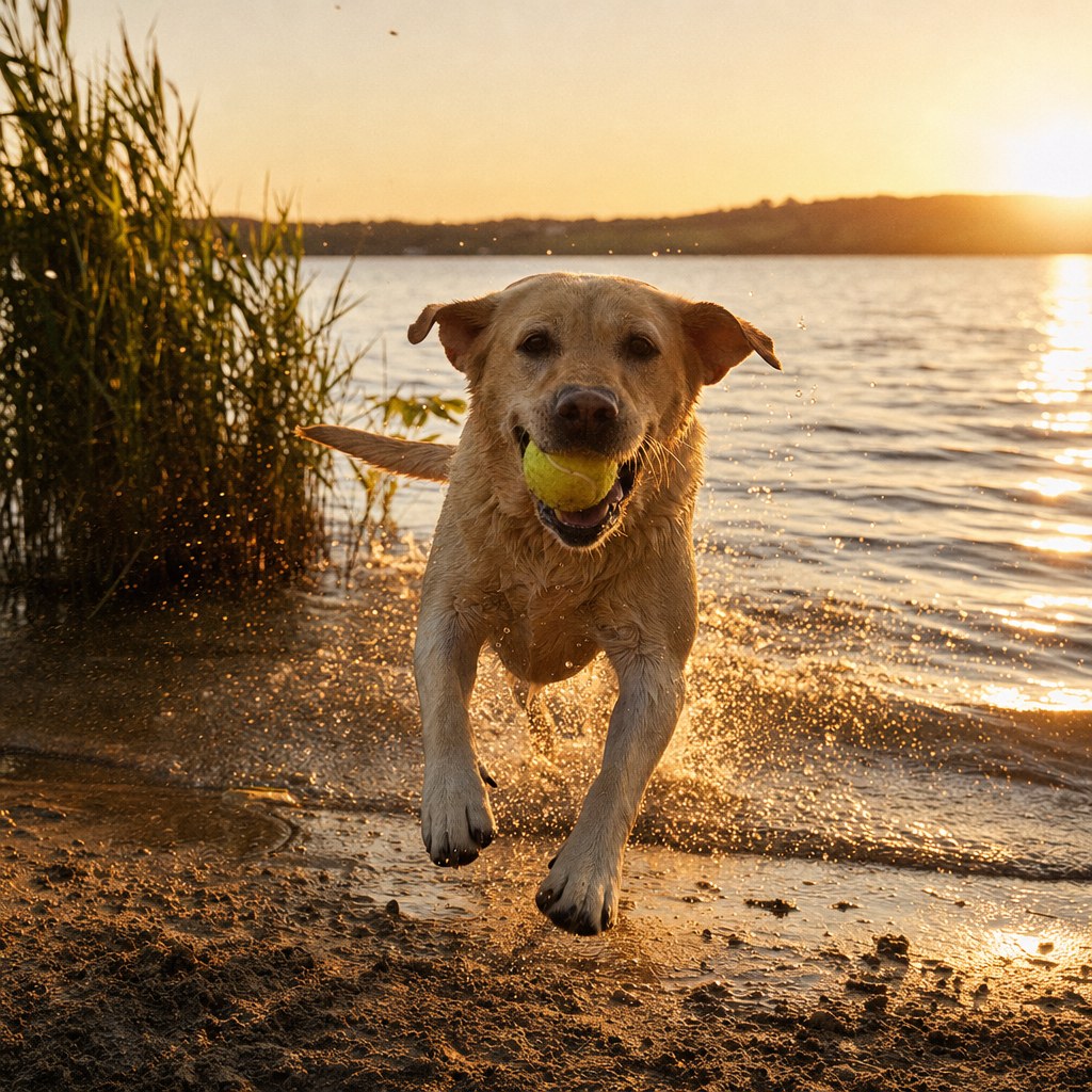 A Labrador bounding out of the lake with a ball at golden hour