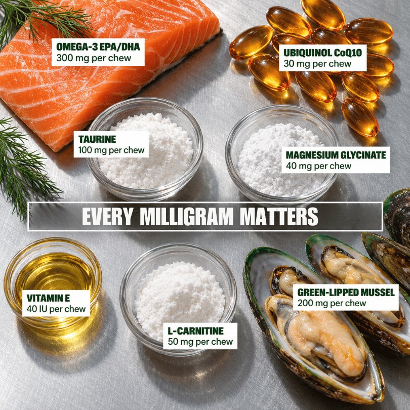 Every milligram matters: omega-3, CoQ10, taurine, magnesium, vitamin E, L-carnitine and green-lipped mussel