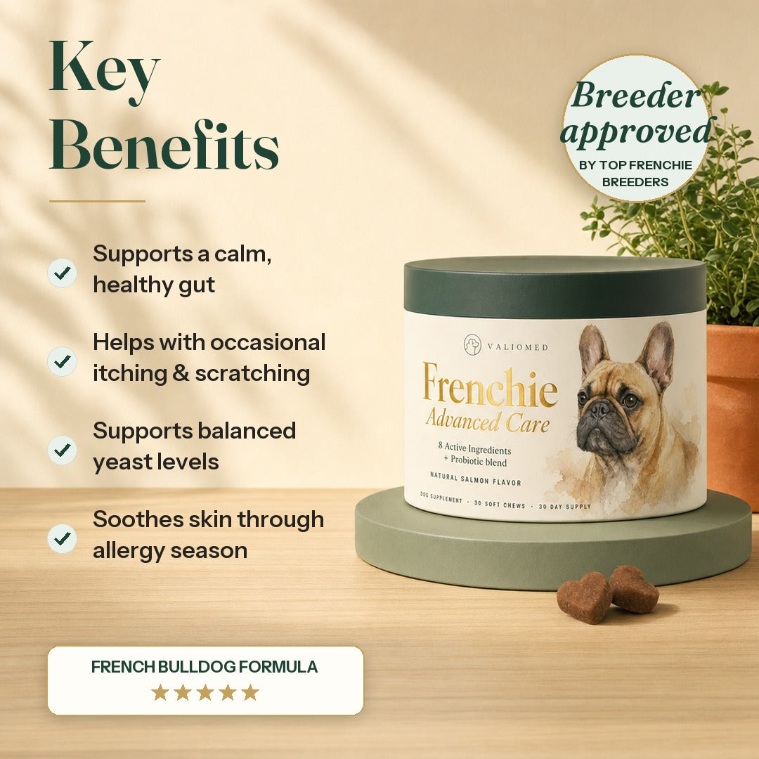 Key benefits: supports a calm healthy gut, helps with occasional itching and scratching, balanced yeast levels, skin through allergy season. Breeder approved.