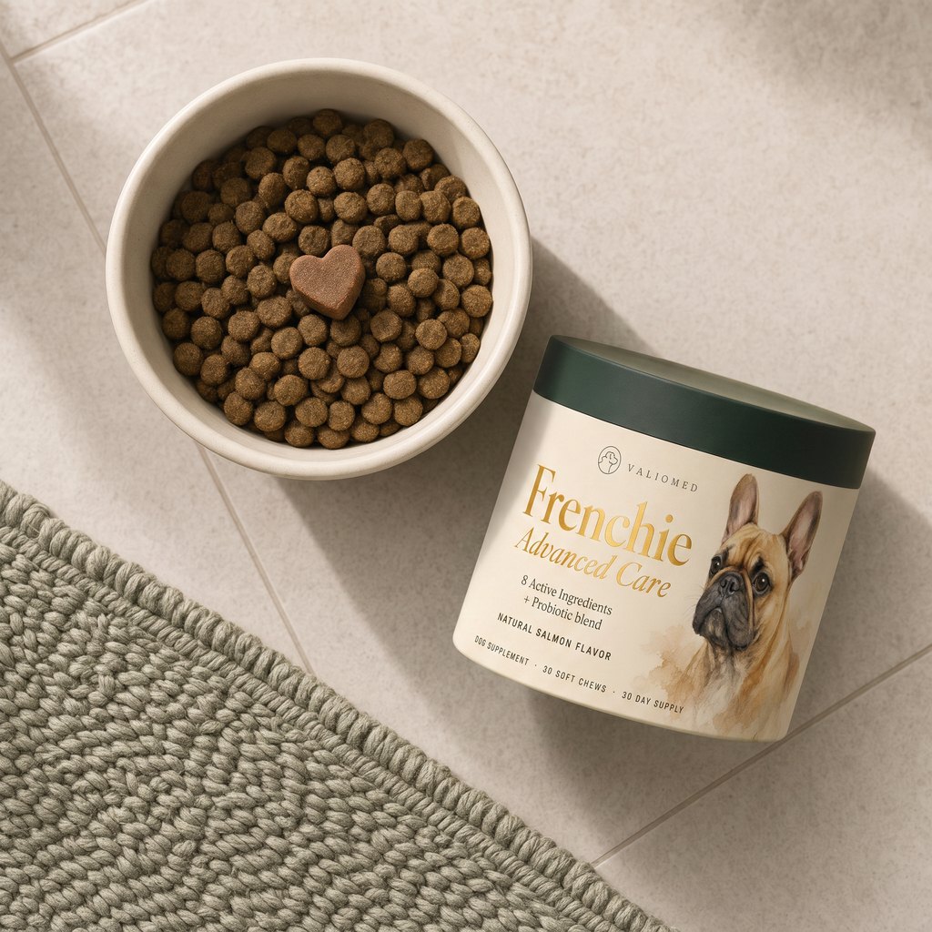 A Frenchie's bowl with the day's single chew on top of his food