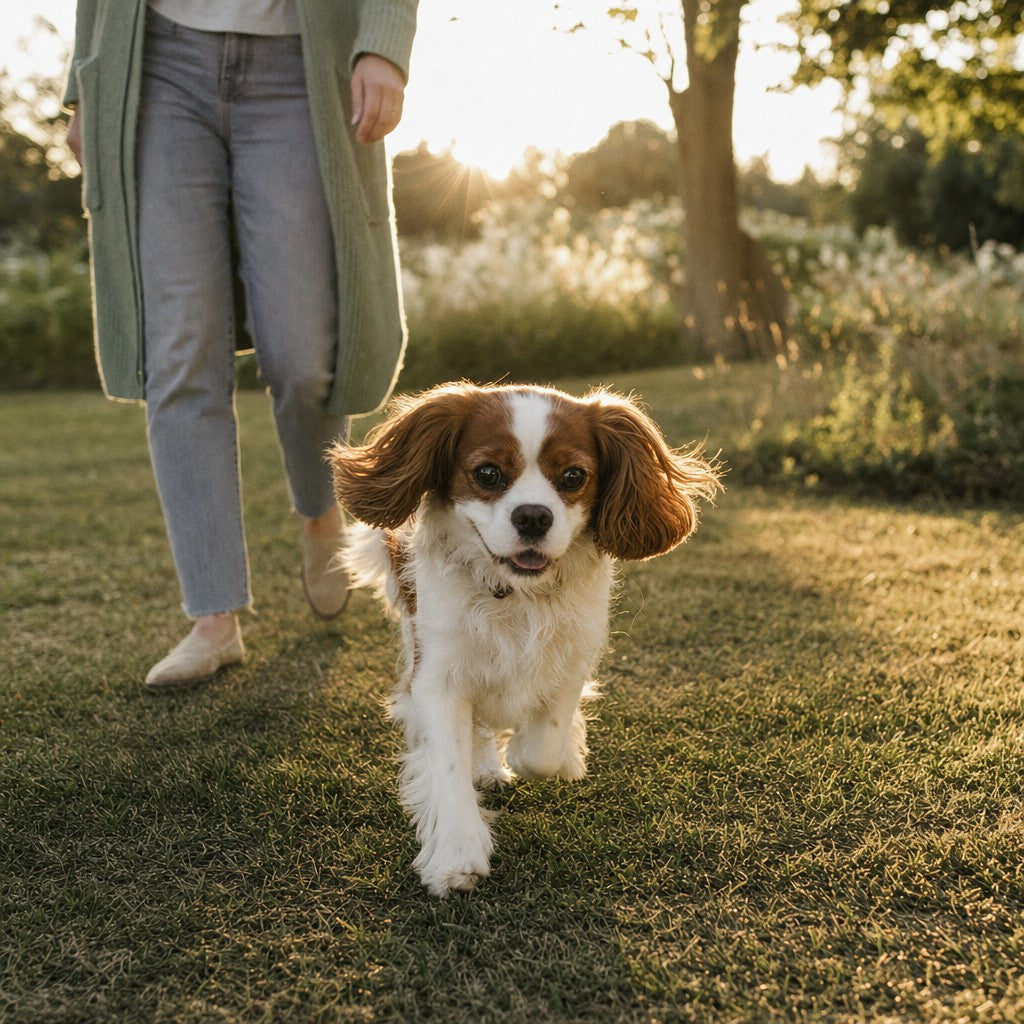 A healthy Cavalier walking with his owner in evening light