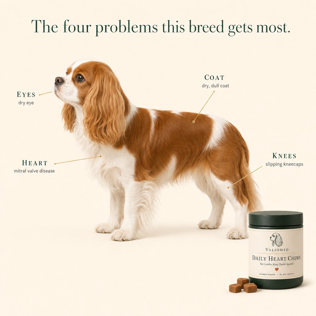 The four problems this breed gets most: heart, eyes, knees and coat