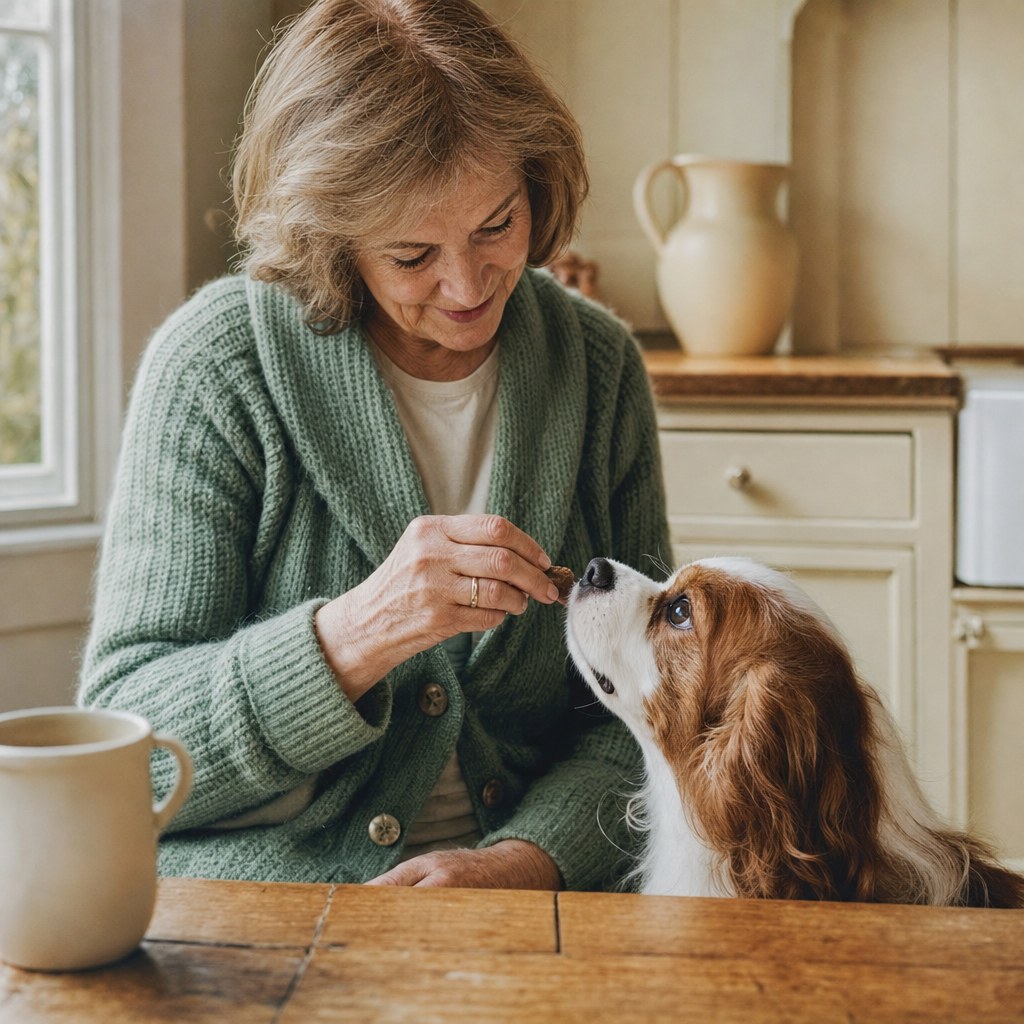 Offering the daily chew to an eager Cavalier