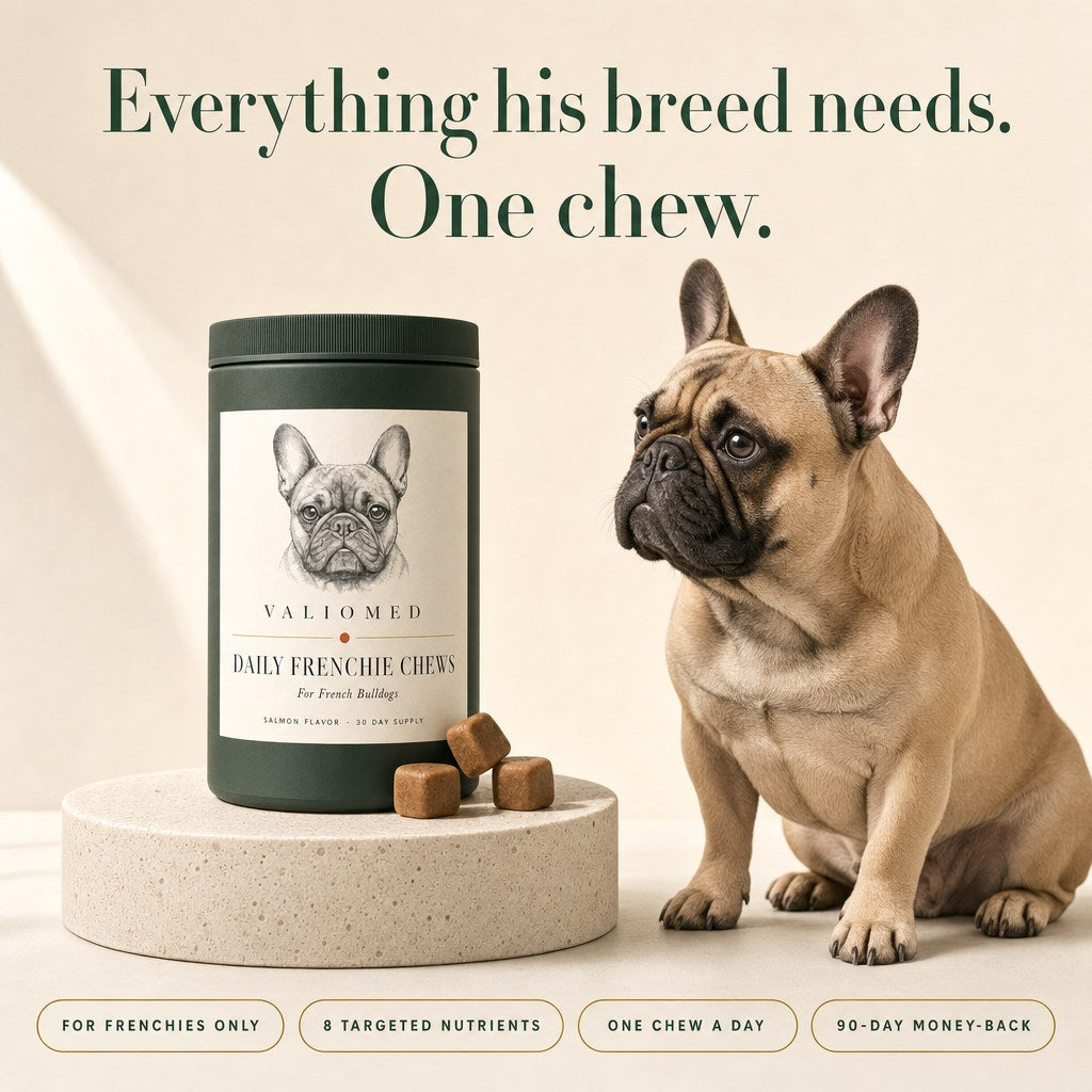 Everything his breed needs in one chew: for Frenchies only, 8 targeted nutrients, one chew a day, 90-day money-back