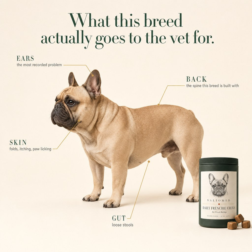 What this breed actually goes to the vet for: ears, skin, gut and back