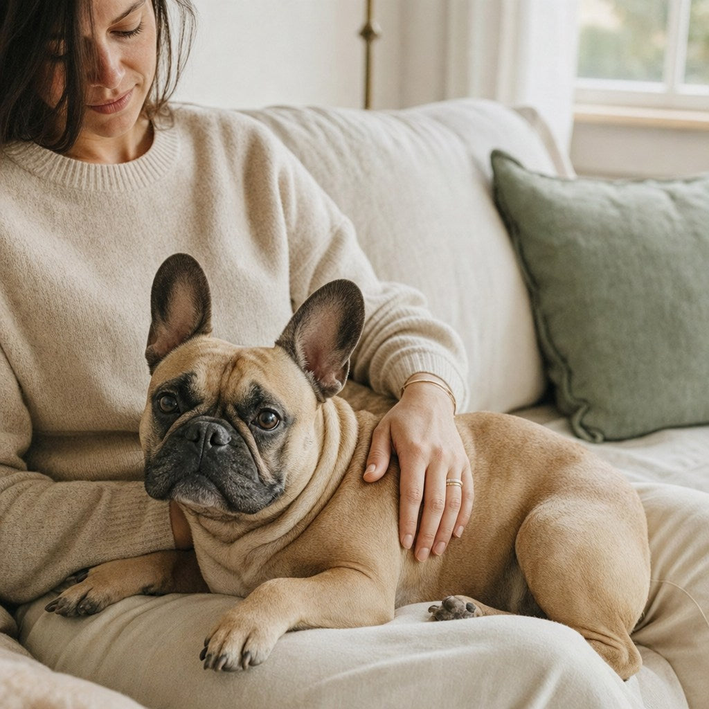 A French Bulldog settled on his owner's lap