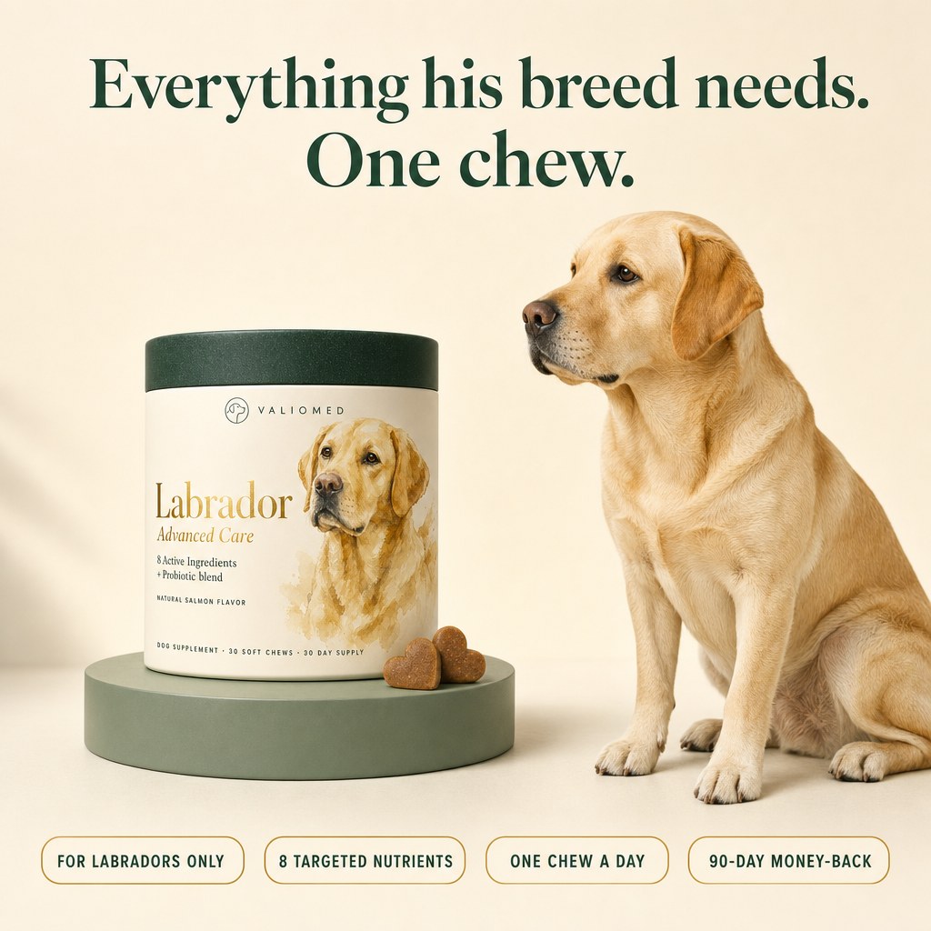 Everything his breed needs in one chew: for Labradors only, 8 targeted nutrients, one chew a day, 90-day money-back
